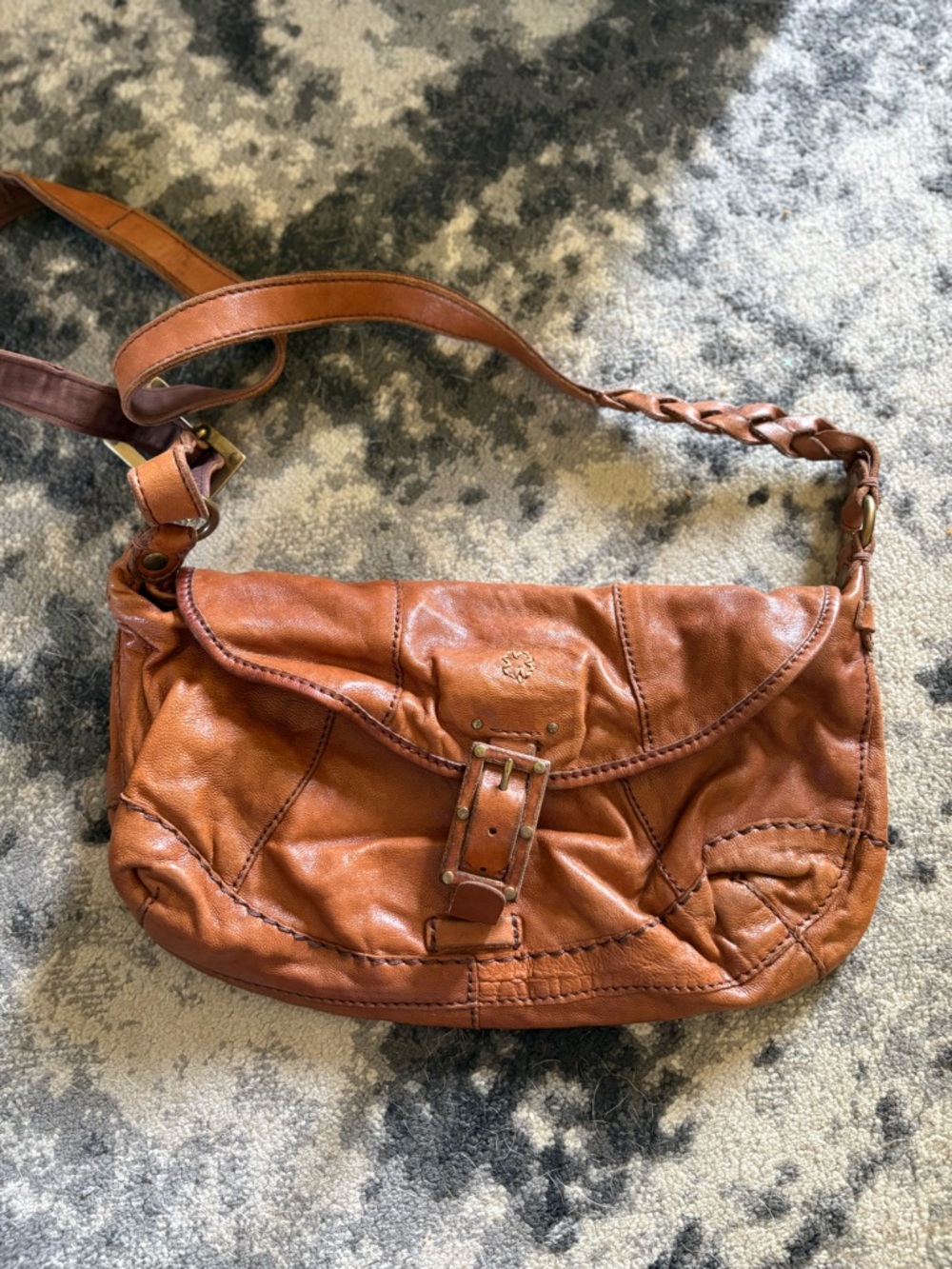 Vintage Lucky Brand Leather Crossbody Saddle Bag in Cognac Brown
